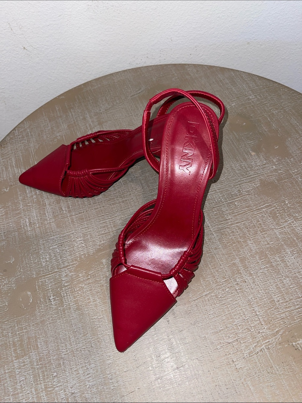 DKNY Red Pointed-Toe Strappy Leather Heels
